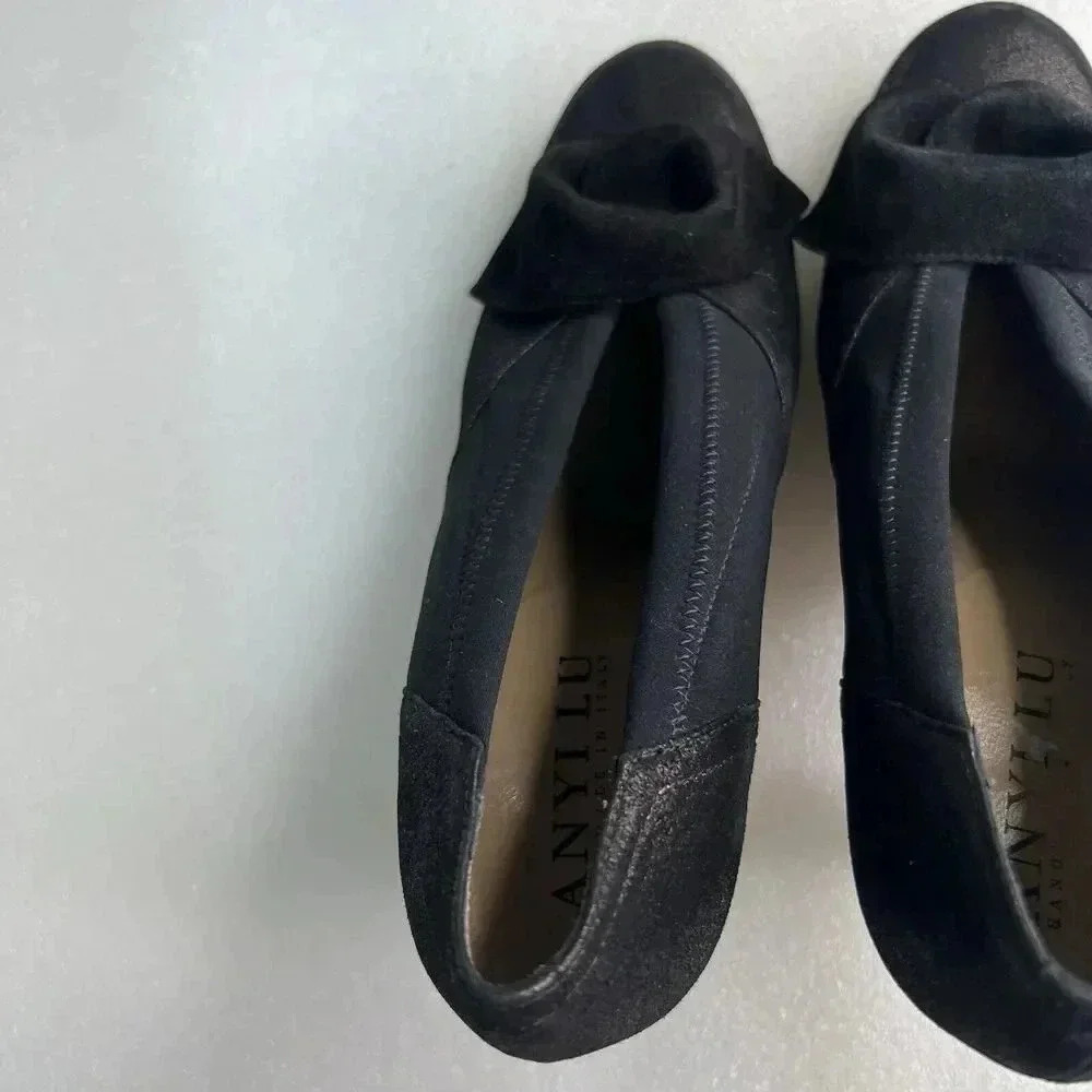 ANYI LU Hand Made‎ Italy Heels Black Fabric Metallic Leather Bow Detail Formal 9 - Picture 16 of 16